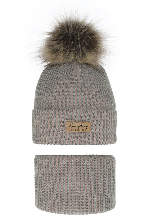 Ensemble d'hiver fille: bonnet et snood, gris, avec pompon, Floryda