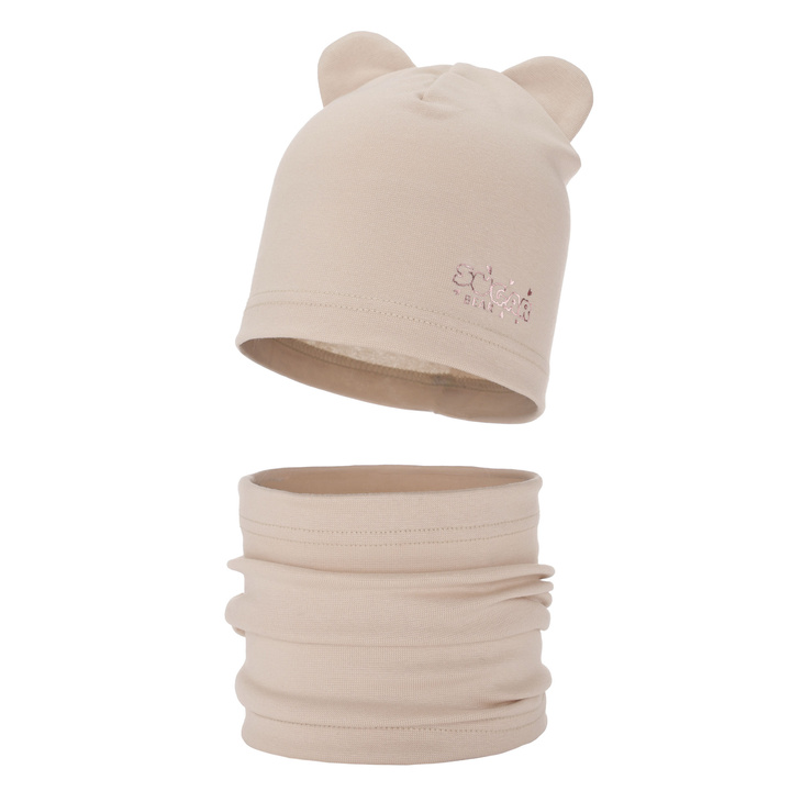 Ensemble automne/printemps fille: bonnet et snood, beige, en coton, Cyntia