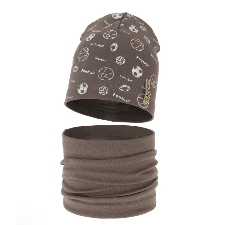 Ensemble automne/printemps garçon: bonnet et snood, brun, en coton, Paolo