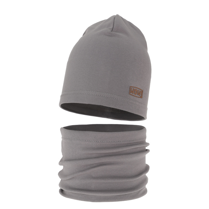 Ensemble automne/printemps garçon: bonnet et snood, gris, en coton, Frizer