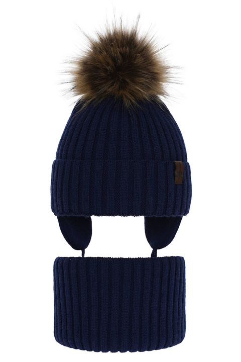 Jongens winter set muts en sjaal, blauw, met garen pompon, Puzel