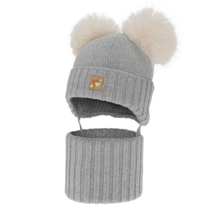 Meisjes muts en col, winter set, grijs, 100% merinowol, gevoerd met wollen fleece, Ronia