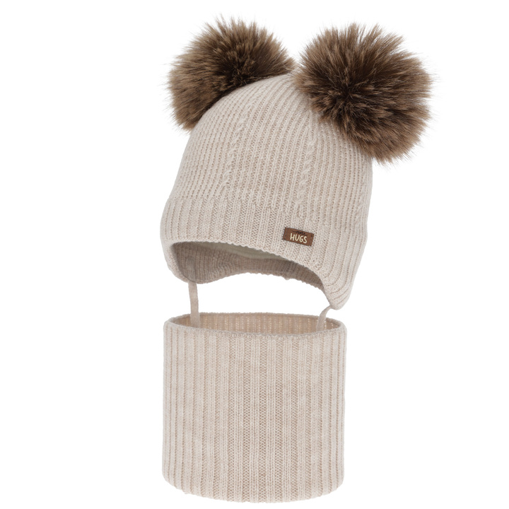 Jongens muts en col, winter set, beige, 100% merinowol, gevoerd met wollen fleece, Lumio