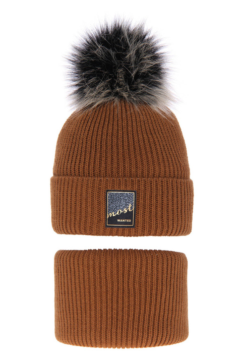 Meisjes winter set muts en buissjaal, bruin, met garen pompon, Sycylia