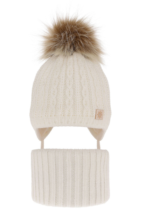 Ensemble d'hiver fille: bonnet et snood, crème, avec pompon, Passa