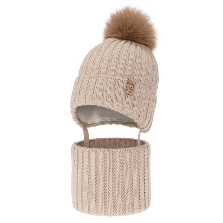 Ensemble d'hiver garçon: bonnet et snood, beige, avec pompon, Bagil