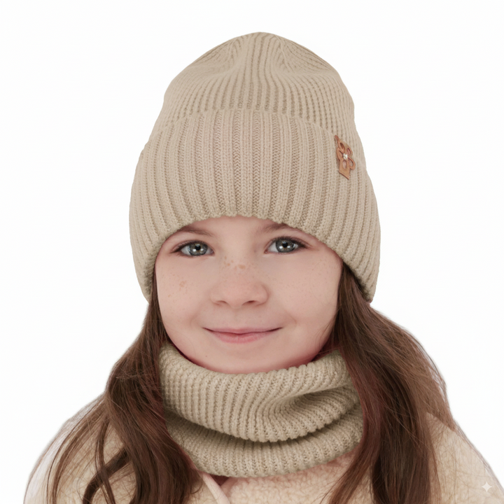 Ensemble d'hiver fille: bonnet et snood, beige, avec laine mérinos, Nelita