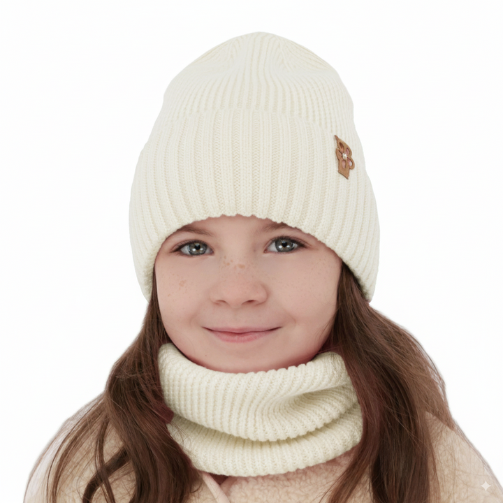 Ensemble d'hiver fille: bonnet et snood, crème, avec laine mérinos, Nelita
