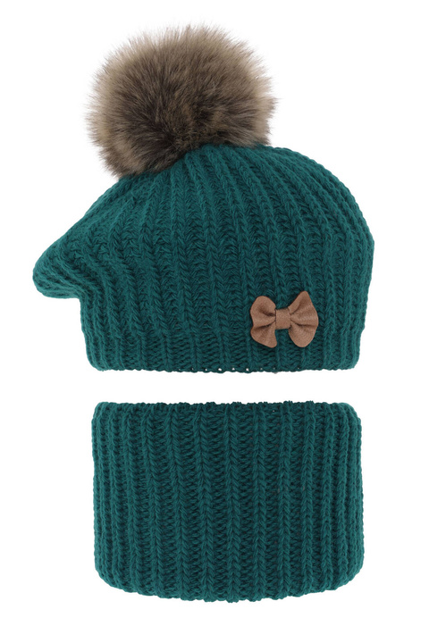 Ensemble d'hiver fille: bonnet et snood, vert émeraude, avec pompon, Polinezja