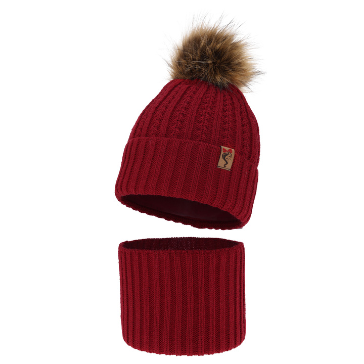 Ensemble d'hiver fille: bonnet et snood, rouge, avec pompon, Larina