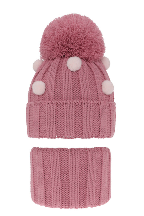Ensemble d'hiver fille: bonnet et snood, rose, avec pompon, Hekate