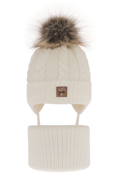 Ensemble d'hiver fille: bonnet et snood, crème, avec pompon, Finess