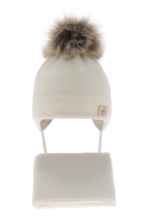 Ensemble d'hiver garçon: bonnet et écharpe, crème, avec laine mérinos, Anastazy