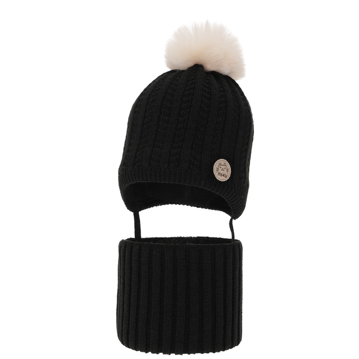 Ensemble d'hiver fille: bonnet et snood, noir, avec pompon, Kenta