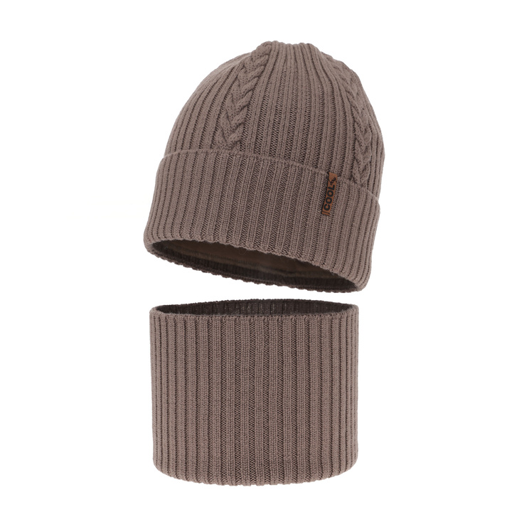 Ensemble d'hiver garçon: bonnet et snood, brun clair, avec laine mérinos, Wilson