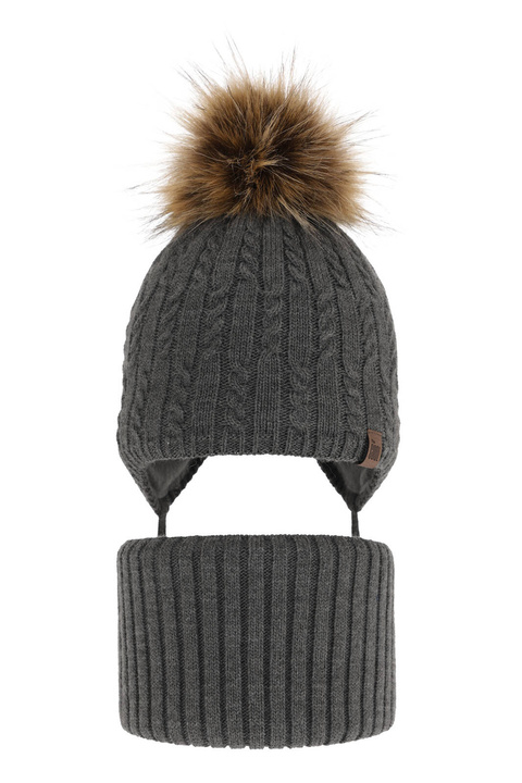 Ensemble d'hiver garçon: bonnet et snood, gris, avec pompon, avec liens, Indigo