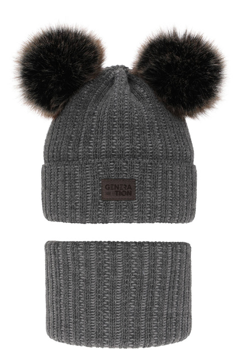 Ensemble d'hiver garçon: bonnet et snood, gris, avec deux pompons, Tokio