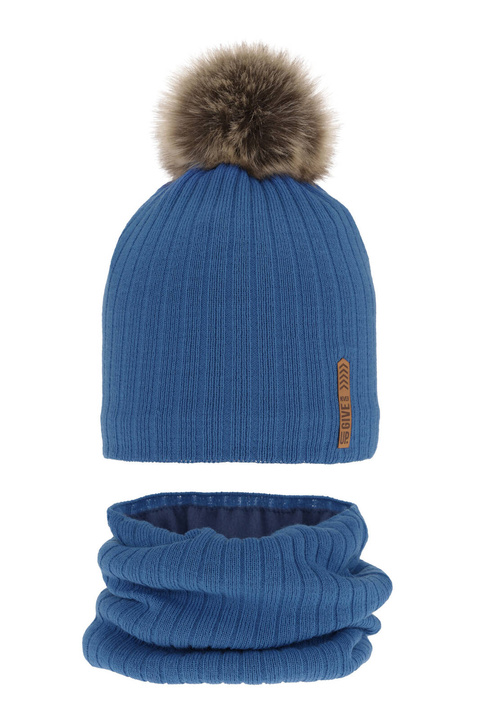 Ensemble d'hiver garçon: bonnet et snood, bleu, avec pompon, Kalen