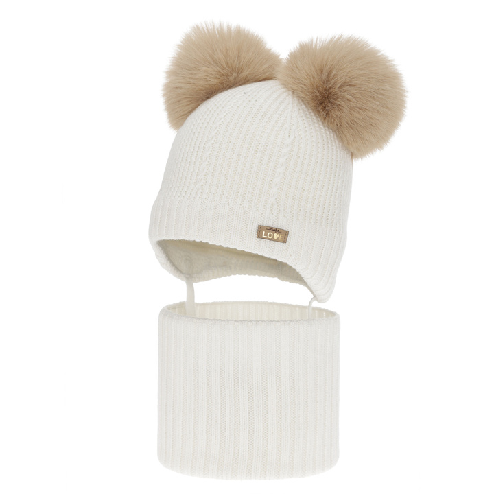 Meisjes muts en col, winter set, wit, 100% merinowol, gevoerd met wollen fleece, Lumia