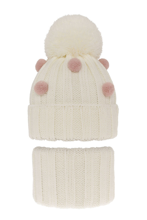 Ensemble d'hiver fille: bonnet et snood, crème, avec pompon, Hekate