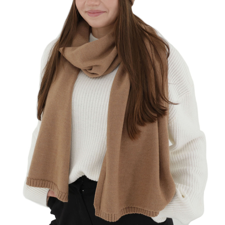 Dames wintersjaal, camel, 100% Merino Wol, Elonia