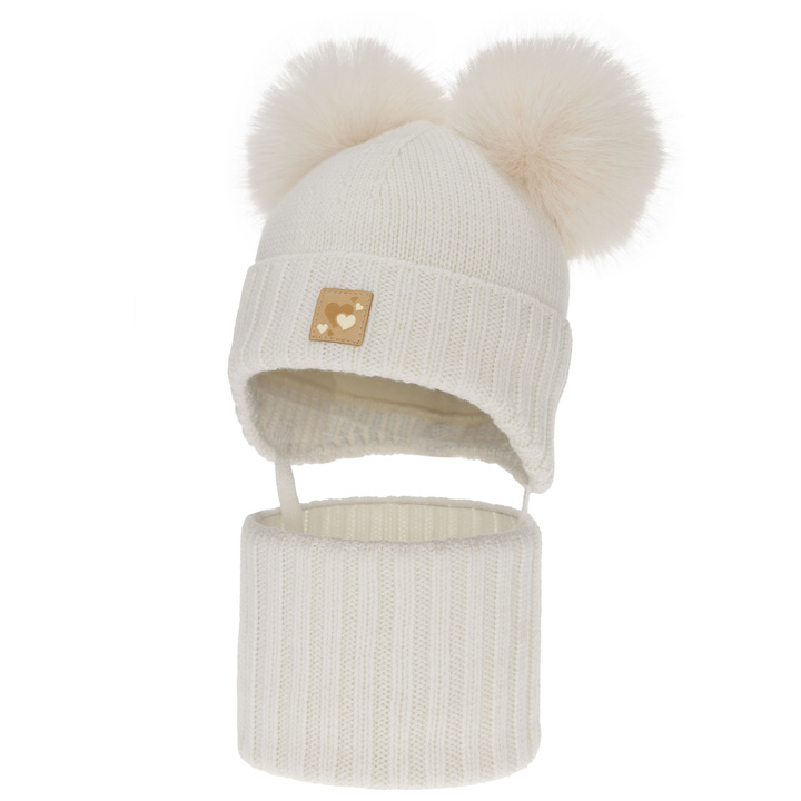 Meisjes muts en col, winter set, wit, 100% merinowol, gevoerd met wollen fleece, Ronia