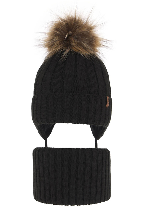 Ensemble d'hiver garçon: bonnet et snood, noir, avec pompon, Peter