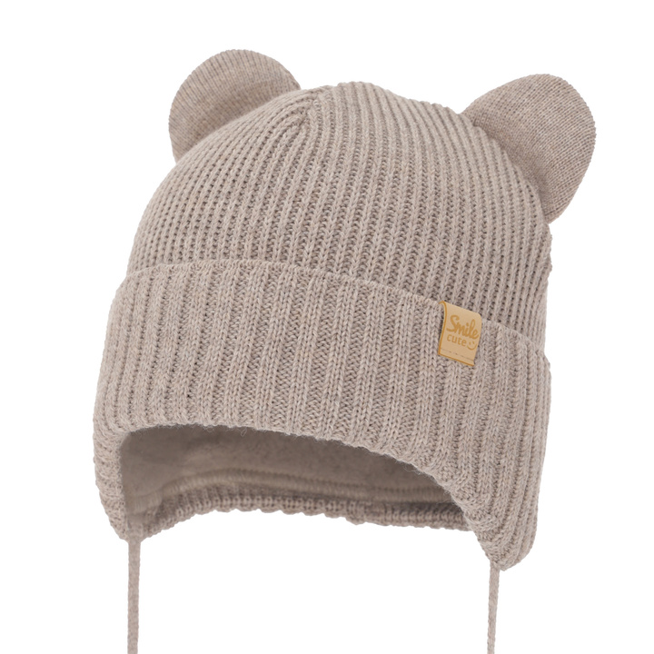 Bonnet d'hiver garçon, beige, avec liens, avec laine mérinos, Shedon