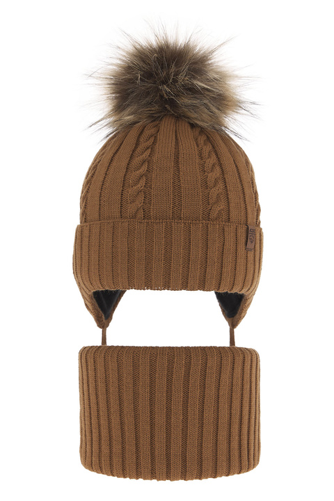 Ensemble d'hiver garçon: bonnet et snood, camel, avec pompon, avec liens, Peter