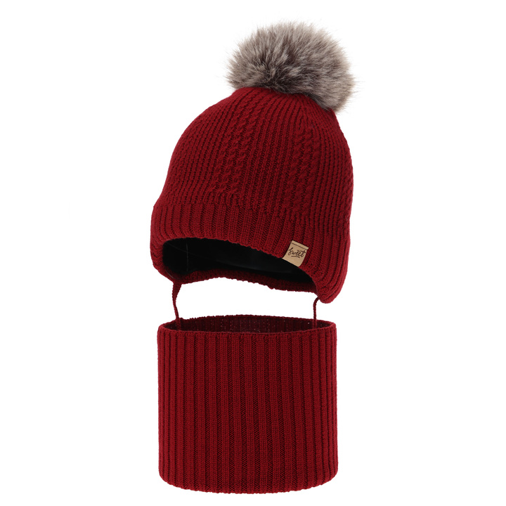Jongens muts en col, winter set, bordeaux, 100% merinowol, gevoerd met wollen fleece, met strikbanden Danny