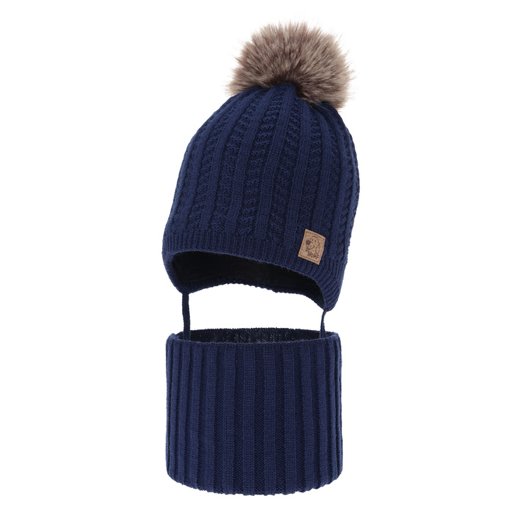 Ensemble d'hiver garçon: bonnet et snood, bleu marine, avec pompon, Endo