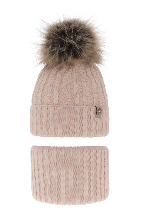 Ensemble d'hiver fille: bonnet et snood, beige, avec pompon, Pretoria