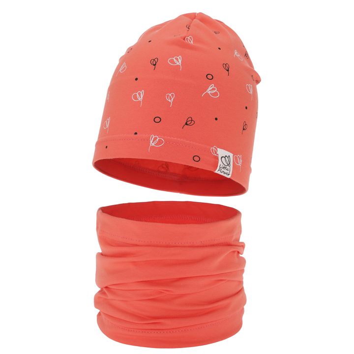 Ensemble automne/printemps fille: bonnet et snood, corail, en coton, Fiora