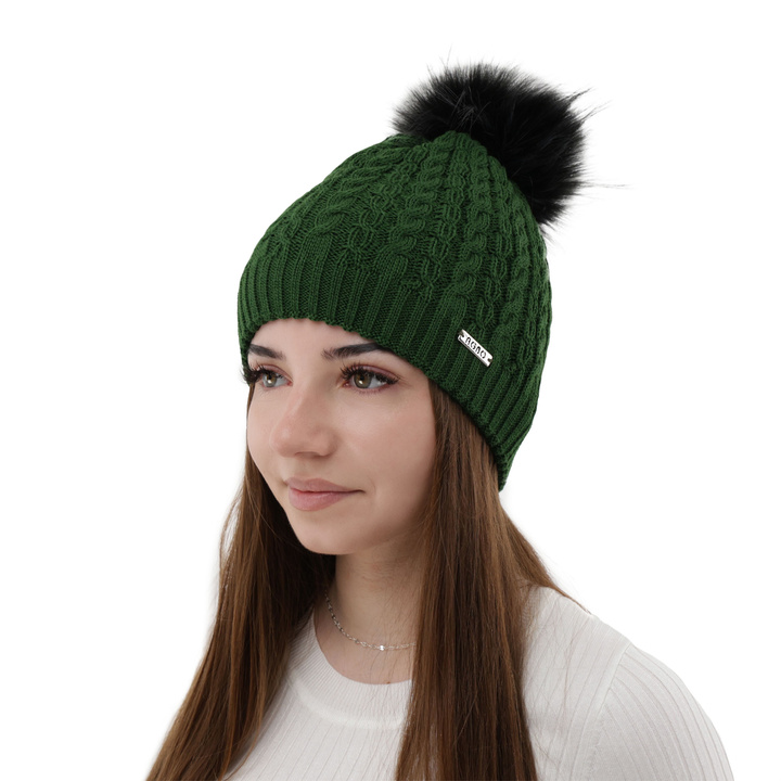 Dames wintermuts, groen, met garen pompon, met merinowol, Satina