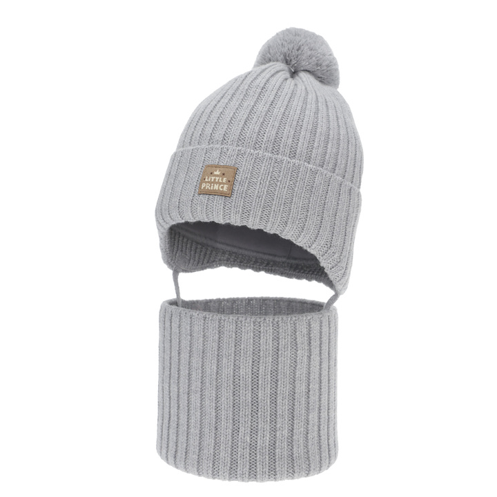 Jongens winter set (muts en buissjaal), grijs, 100% merino wol, gevoerd met katoen, met bindkoorden, Masil