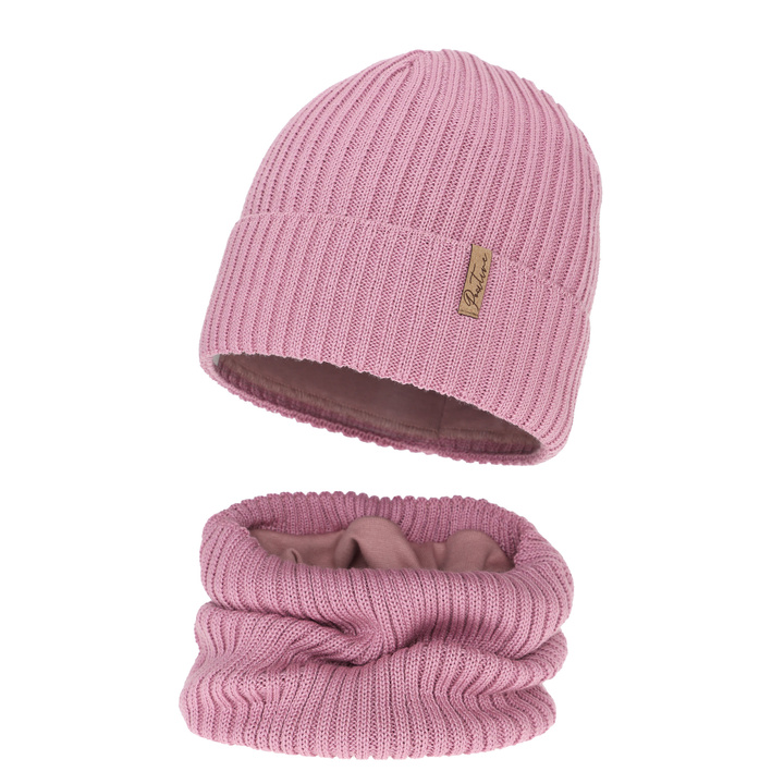 Meisjes winter set (muts en buissjaal) gevoerd met fleece, paars, met merinowol, Odette