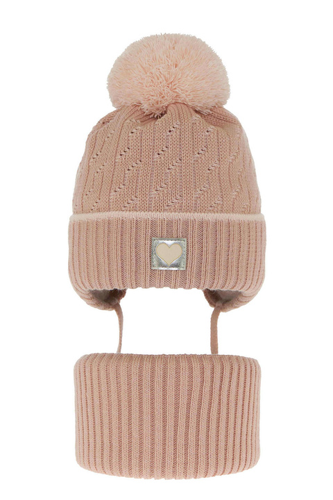 Ensemble d'hiver fille: bonnet et snood, rose, avec pompon, Natka