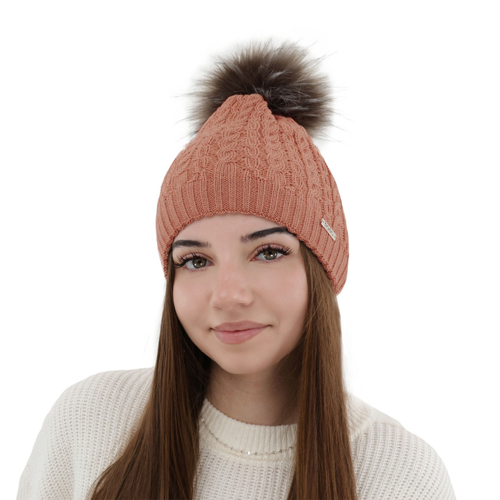 Dames wintermuts, roze, met garen pompon, met merinowol, Satina