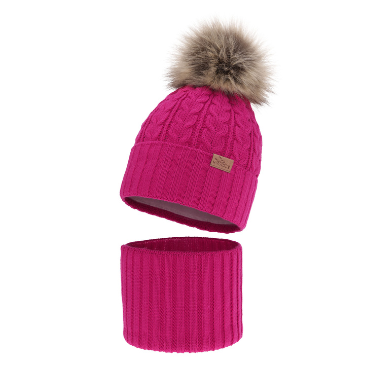 Ensemble d'hiver fille: bonnet et snood, amarante, avec pompon, Tanzania
