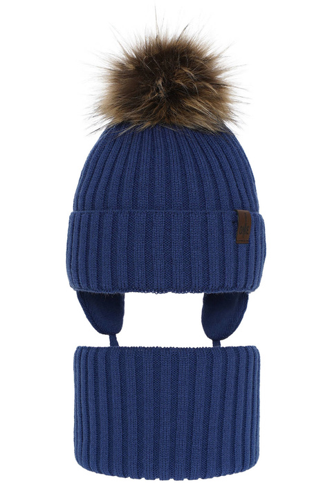 Jongens winter set muts en sjaal, blauw, met garen pompon, Puzel