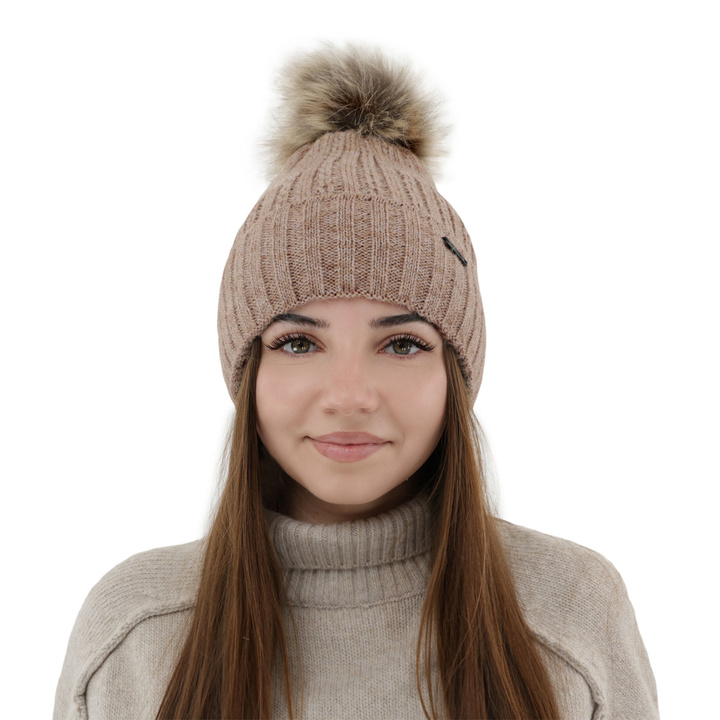 Bonnet d'hiver femme, beige, avec pompon, Karizma