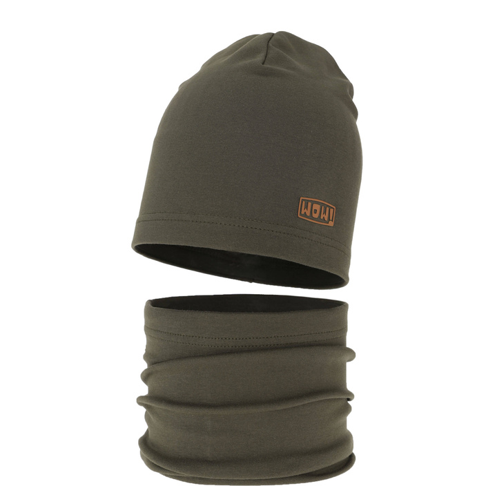 Ensemble automne/printemps garçon: bonnet et snood, khaki, en coton, Frizer