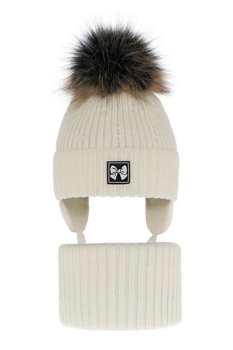 Ensemble d'hiver fille: bonnet et snood, crème, avec pompon, Kinia