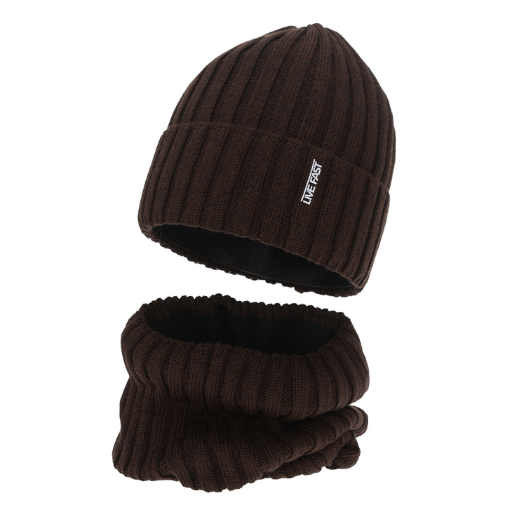 Jongens winter set (muts en buissjaal), bruin, met merinowol, gevoerd met fleece, Banasko
