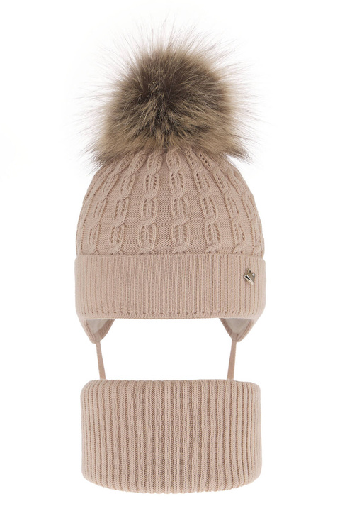 Ensemble d'hiver fille: bonnet et snood, beige, avec pompon, avec liens, Tukana
