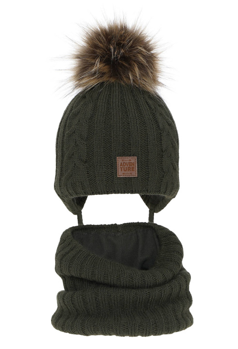 Jongens winter set muts en buissjaal, khaki, met garen pompon, Casper