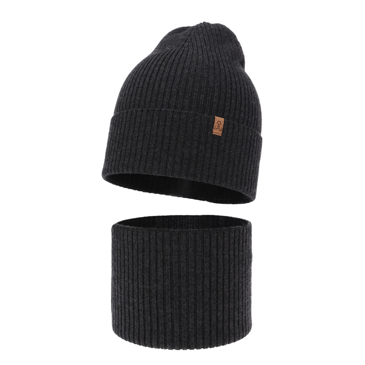 Ensemble automne/printemps garçon: bonnet et snood, 100% laine mérinos, gris foncé, Lemas