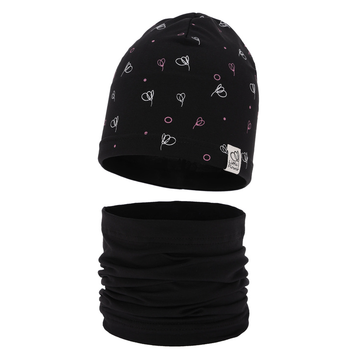 Ensemble automne/printemps fille: bonnet et snood, noir, en coton, Fiora