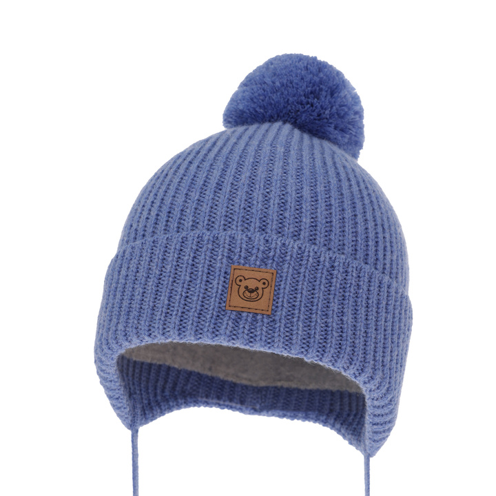 Bonnet d'hiver garçon, bleu, avec laine mérinos, doublé de coton, avec liens, Tacco