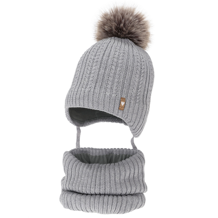 Ensemble d'hiver fille: bonnet et snood, gris, avec laine mérinos, avec pompon, avec liens, Muanda